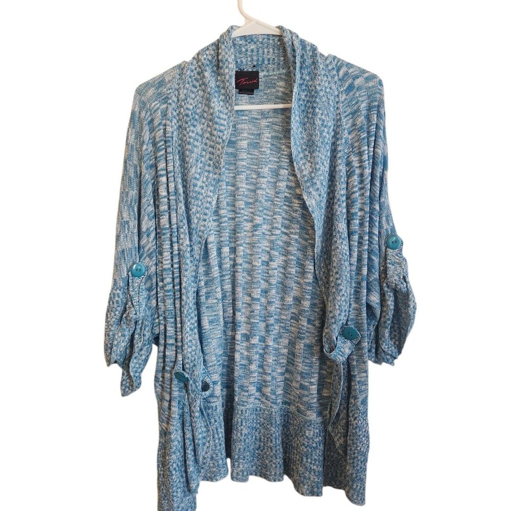 Vintage 90s Torrid Knit Blue and White Lightweight Flowly Cardigan Plus Size 3